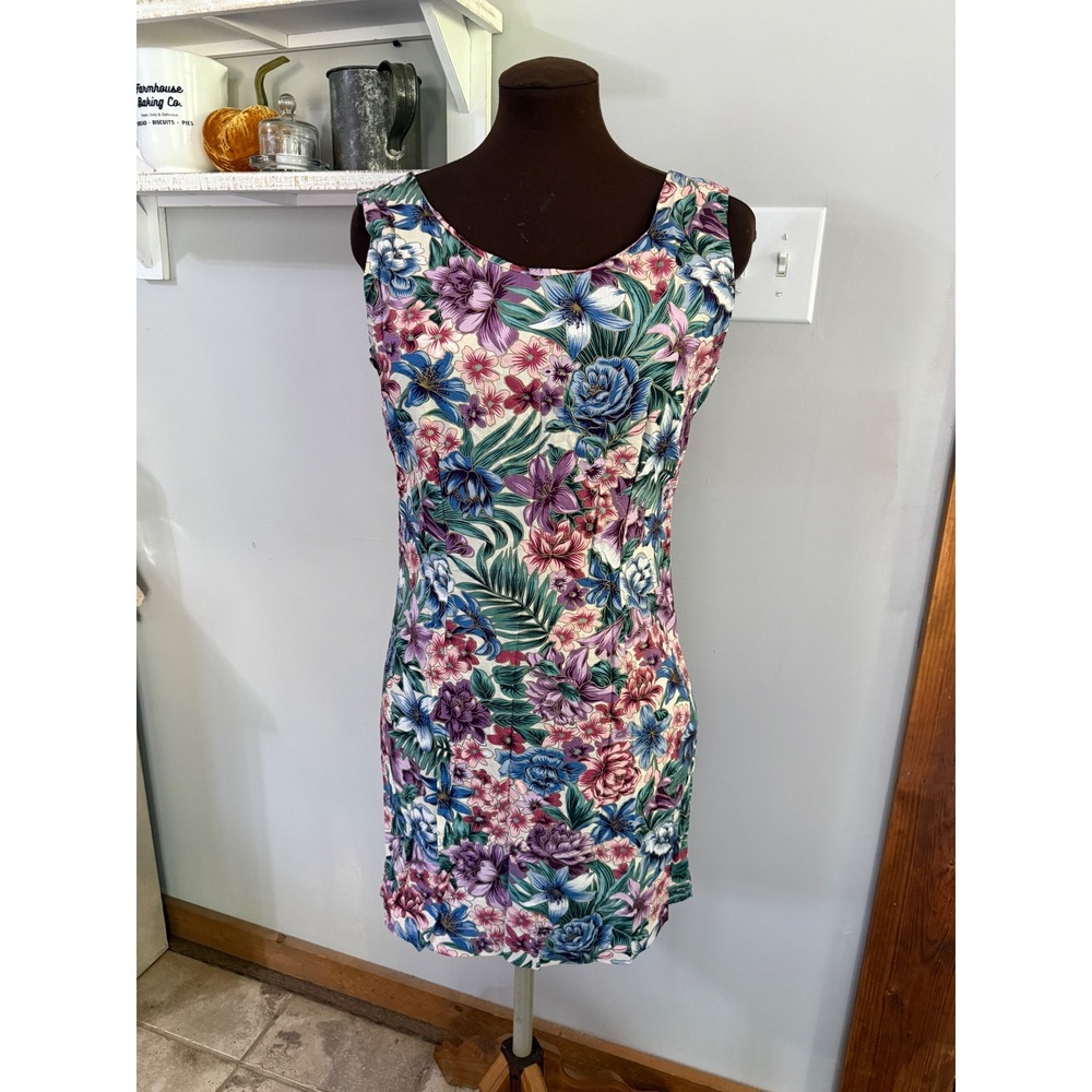 Made in Hawaii Floral Shift Dress Med Multicolor Vintage Tropical Gold